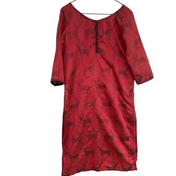 VTG Handmade Asian Cheongsam Deer Print Dress S/M Maxi Gothic Whimsigoth Graphic - Picture 1 of 10